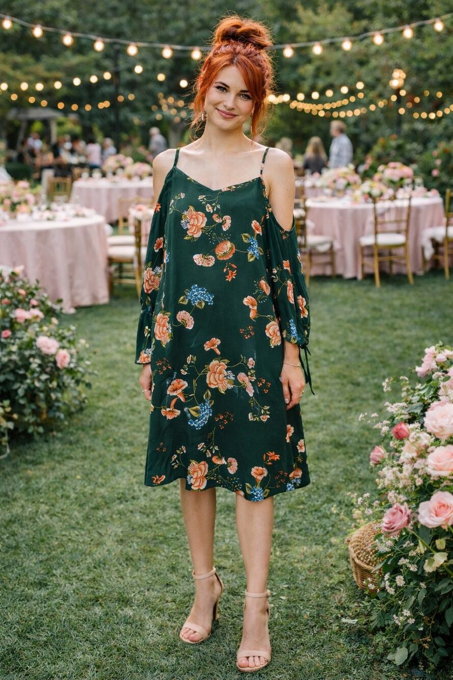 Entro Green Floral Cold Shoulder Cottagecore Boho Dress Size M NWT Wedding Guest
